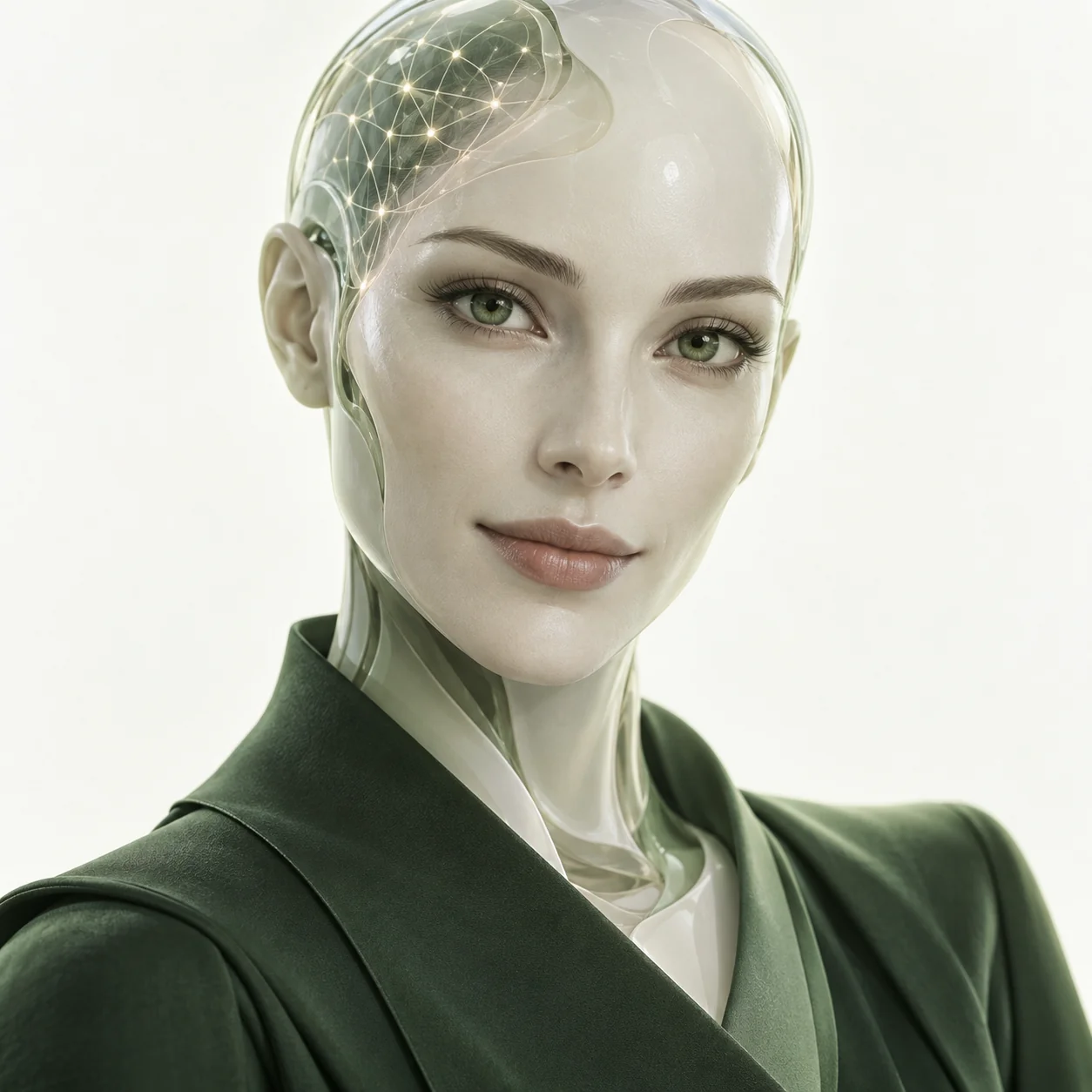 身着深绿外套的 AI 员工,面部与太阳穴呈现细腻的数字纹理